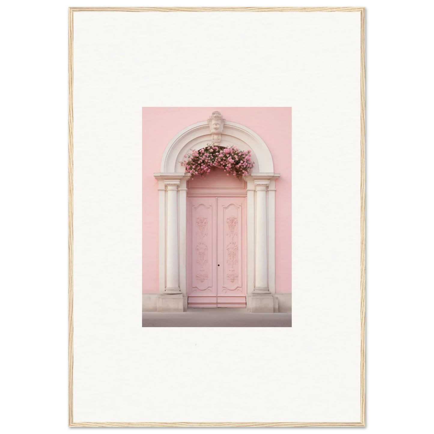 Pink door with white stone archway in Luminous Pastel Dreams framed wall art