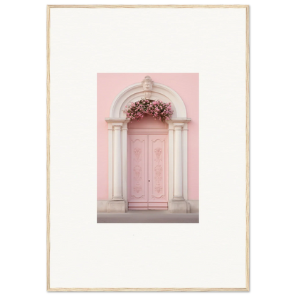 Pink door with white stone archway in Luminous Pastel Dreams framed wall art