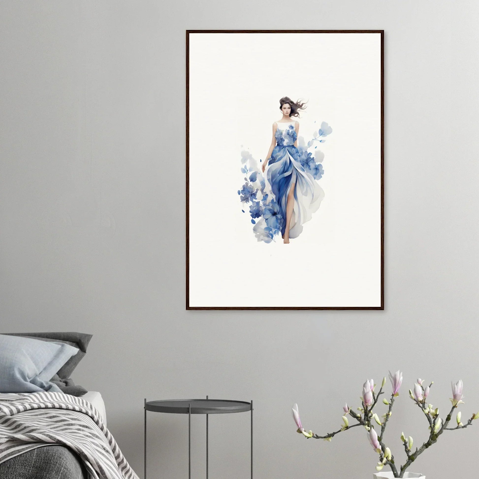 Watercolor art symphony of a woman in blue dress for trendy room decoration canvas print