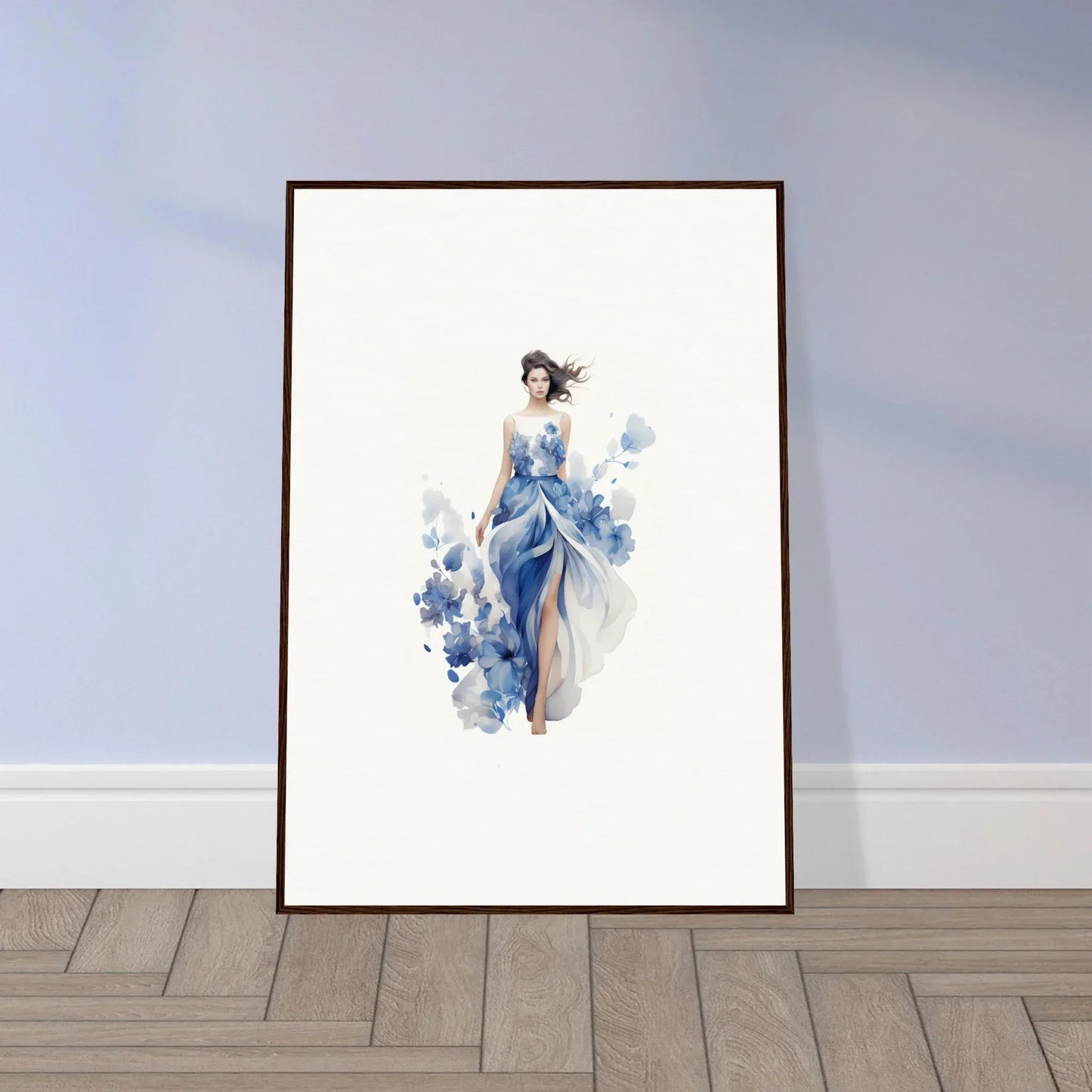 Framed watercolor of a woman in blue dress, perfect for art symphony room decoration