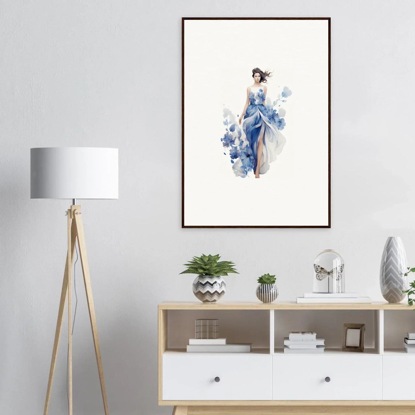 Framed watercolor-style painting of a woman in a blue dress for your art symphony room decoration