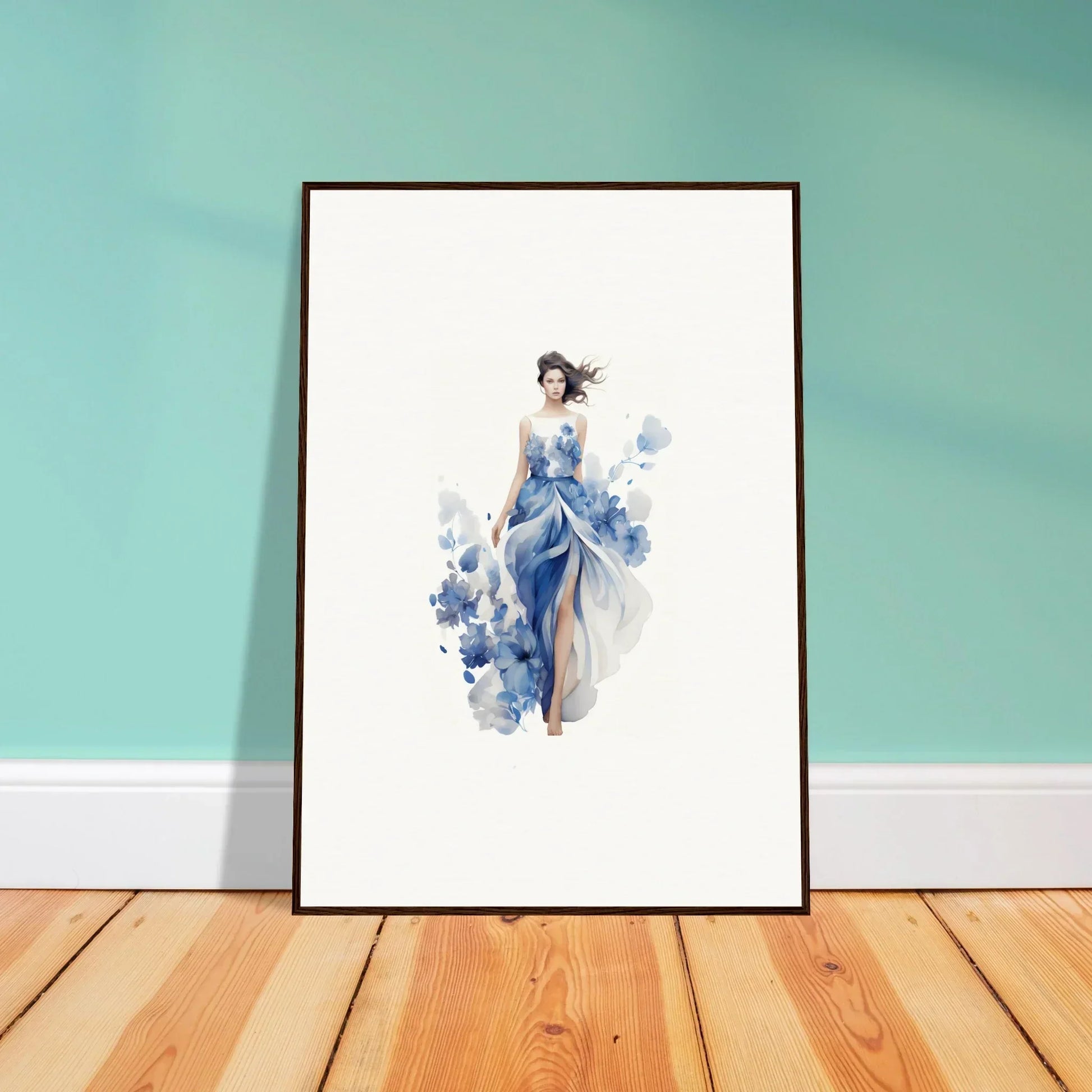 Framed watercolor painting of a woman in a blue dress for art symphony room decoration