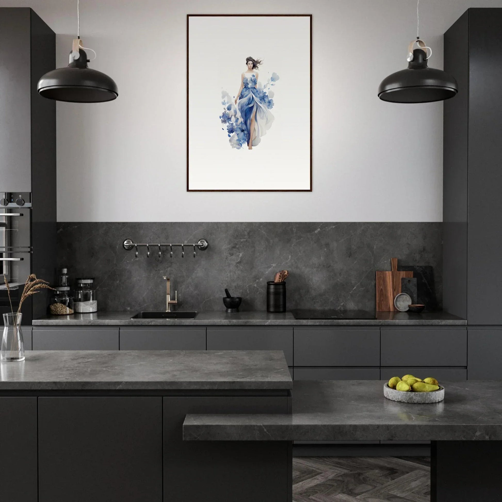 Modern kitchen with dark gray cabinetry, perfect for art symphony room decoration