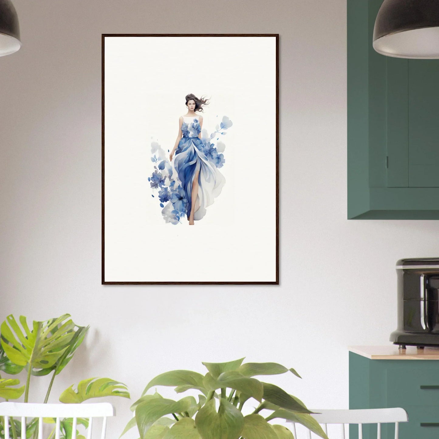 Framed watercolor painting of a woman in blue dress for vibrant room decoration