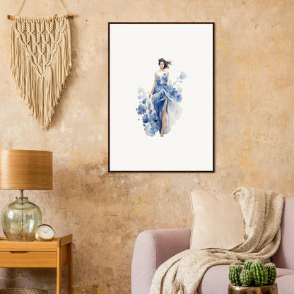 Framed watercolor artwork of a figure in a blue dress, perfect for room decoration