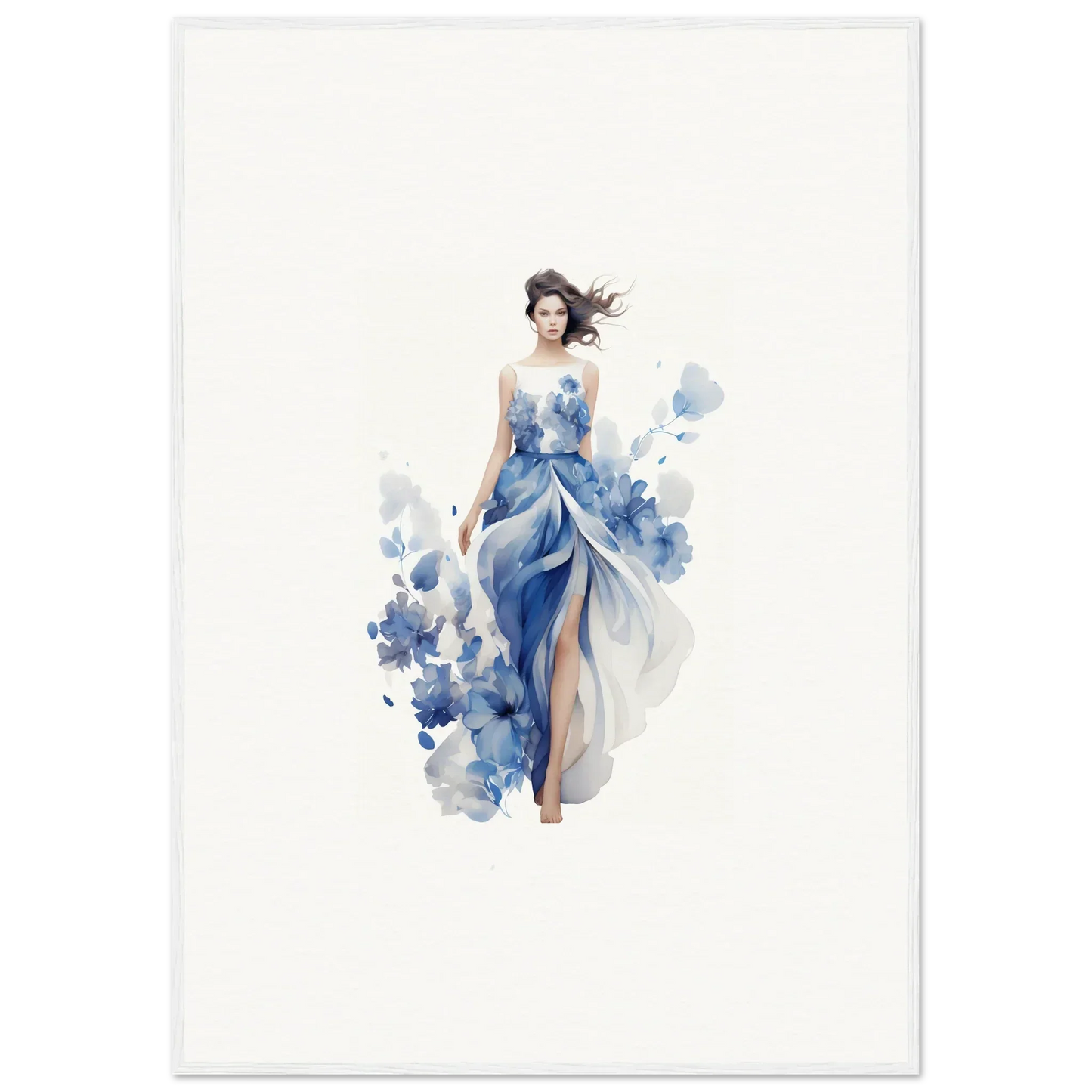 Watercolor woman in a blue dress for a stunning canvas print art symphony