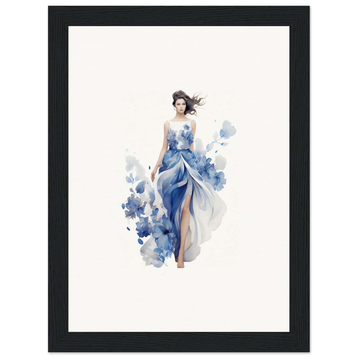 Watercolor canvas print of a woman in blue dress, perfect for room decoration art symphony