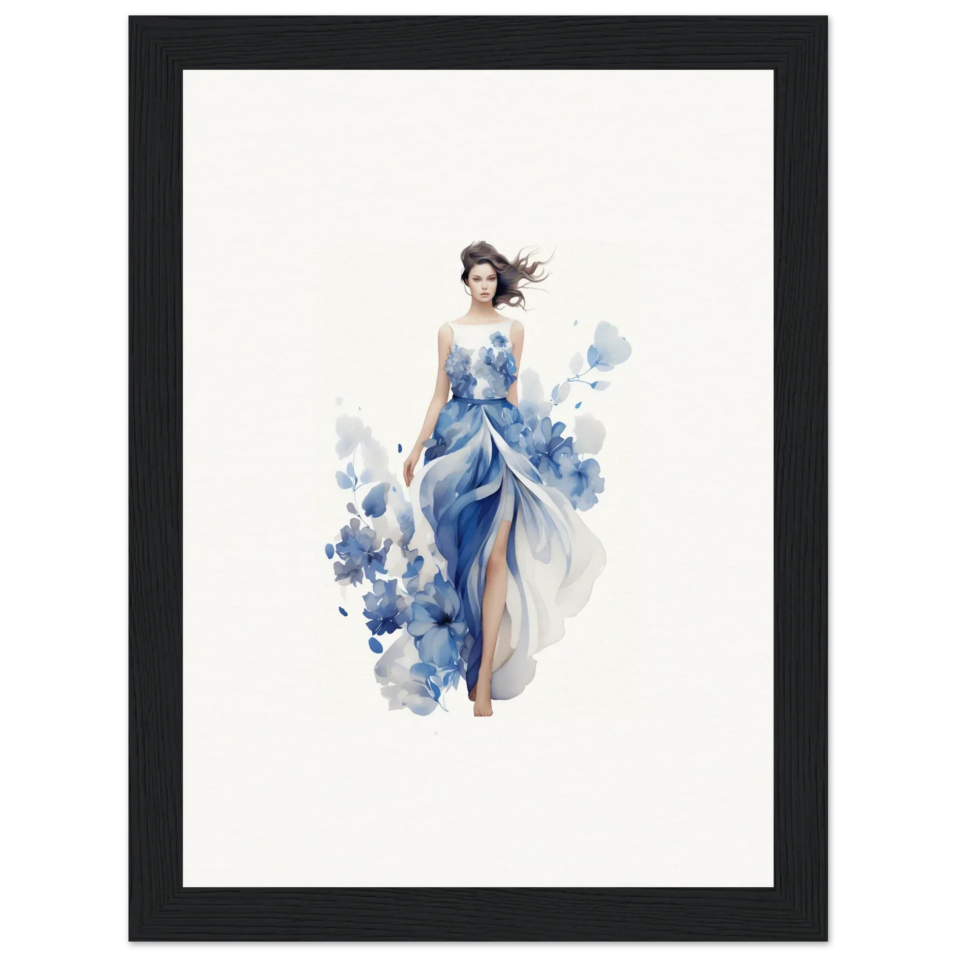 Watercolor canvas print of a woman in blue dress, perfect for room decoration art symphony