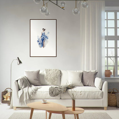 Cozy white sofa with pillows and blankets for a chic room decoration with Art Symphony vibes