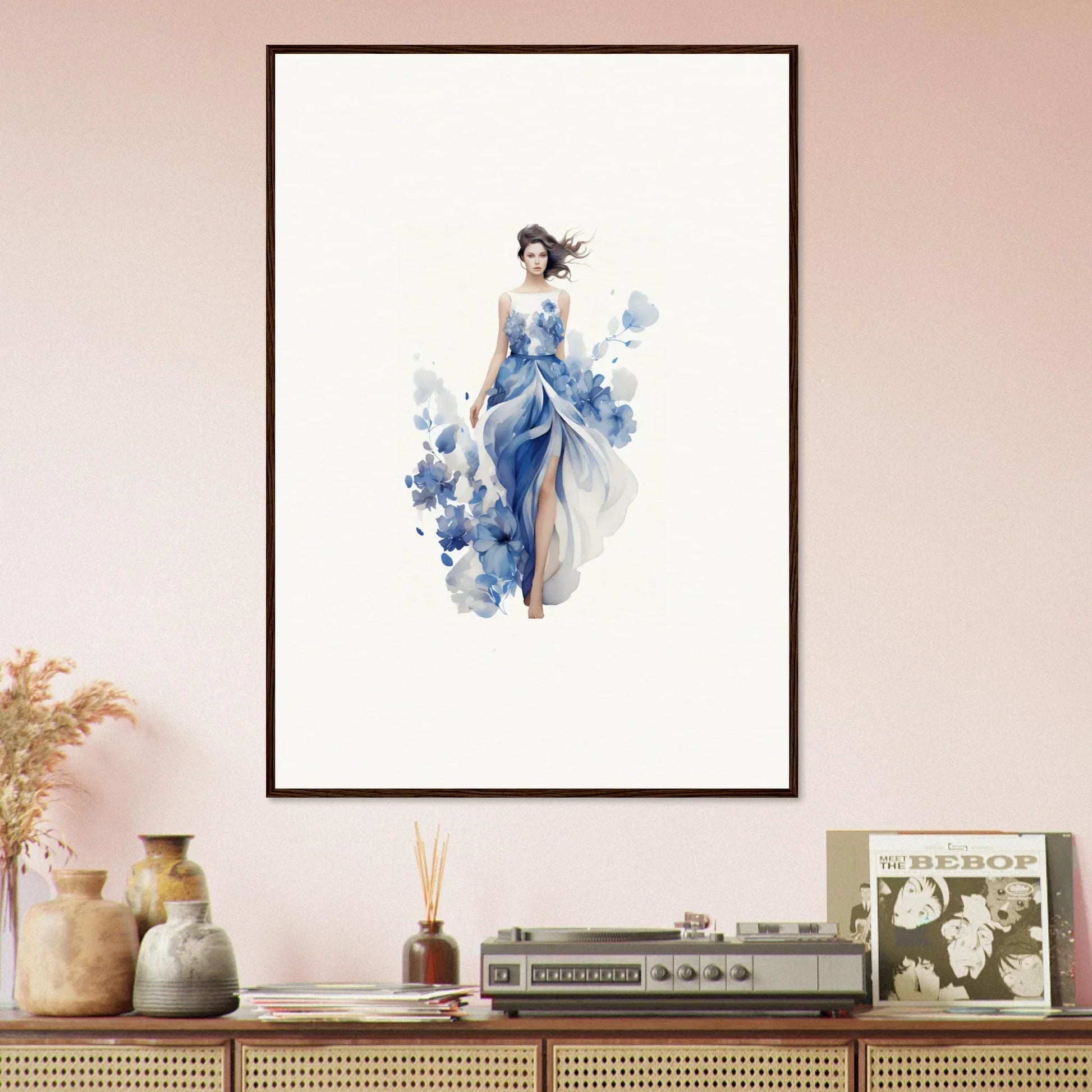 Framed watercolor painting of a woman in blue dress for Luminous Art Symphony room decoration