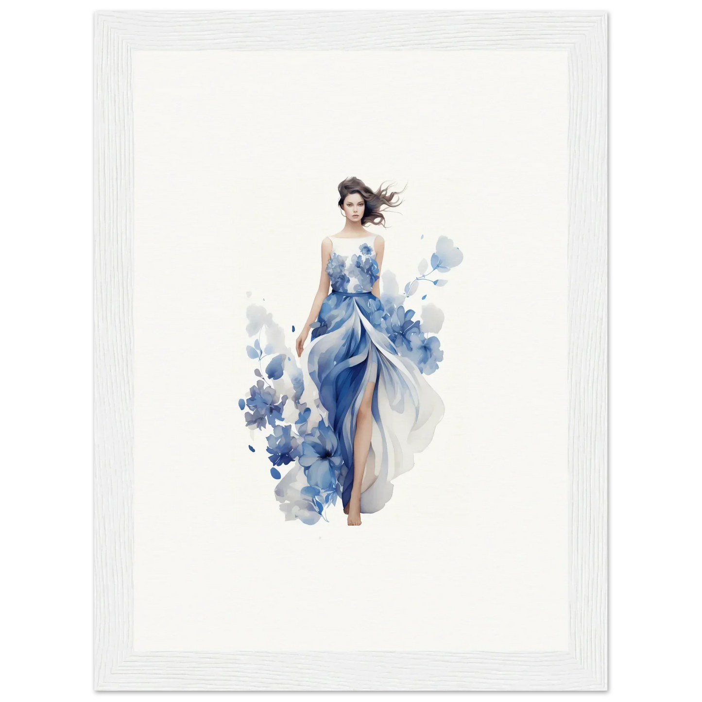 Watercolor painting of a woman in a blue dress, perfect for art symphony room decoration