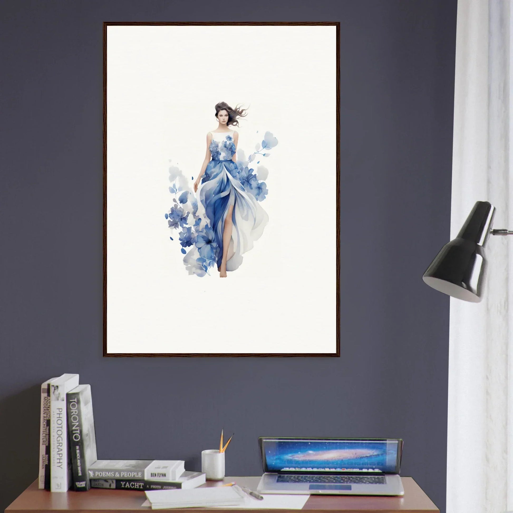 Framed watercolor painting of a woman in a blue dress, perfect for art symphony room decoration