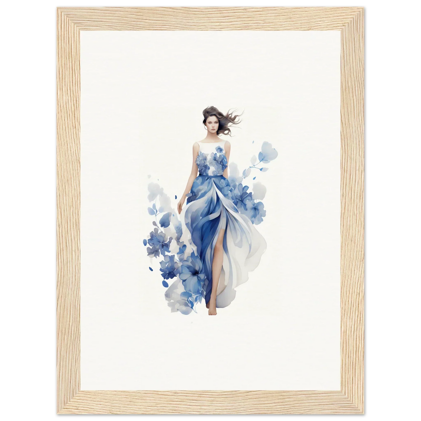 Watercolor painting of a woman in a blue dress, perfect for room decoration or art symphony