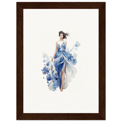 Watercolor painting of a woman in a flowing blue dress for stylish room decoration