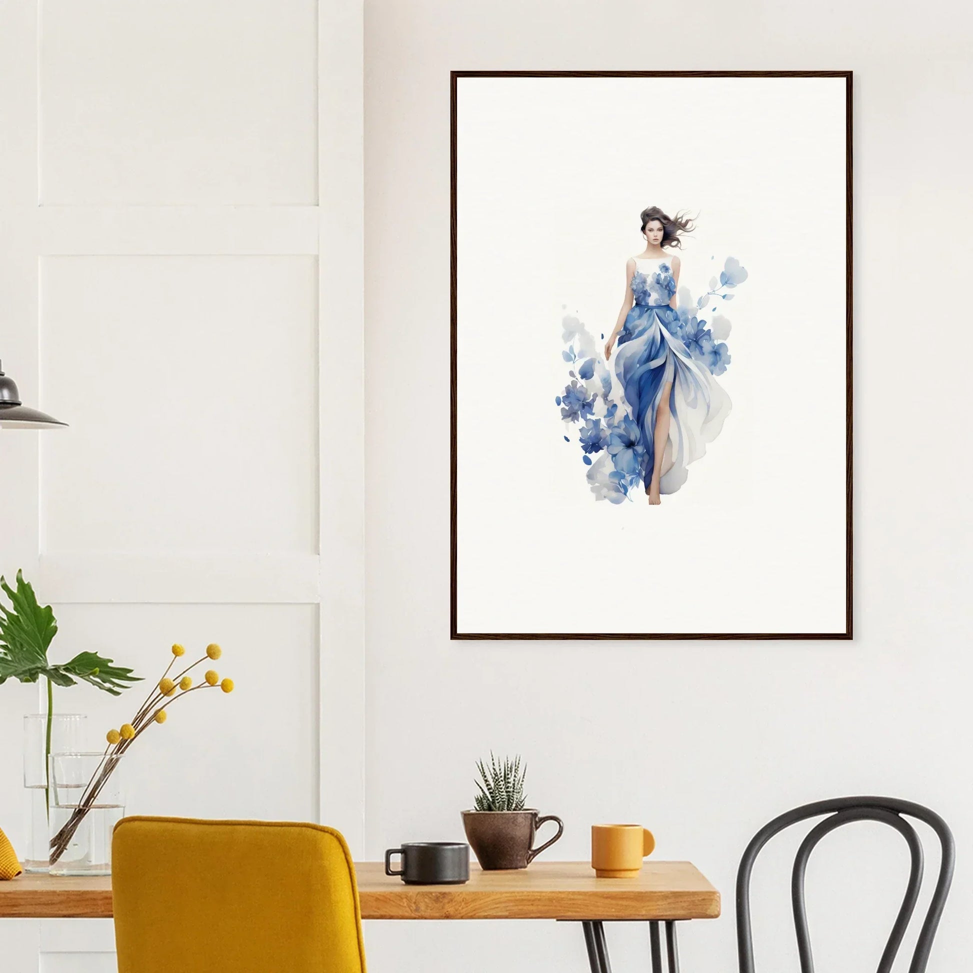 Framed watercolor painting of a woman in a flowing blue dress for room decoration