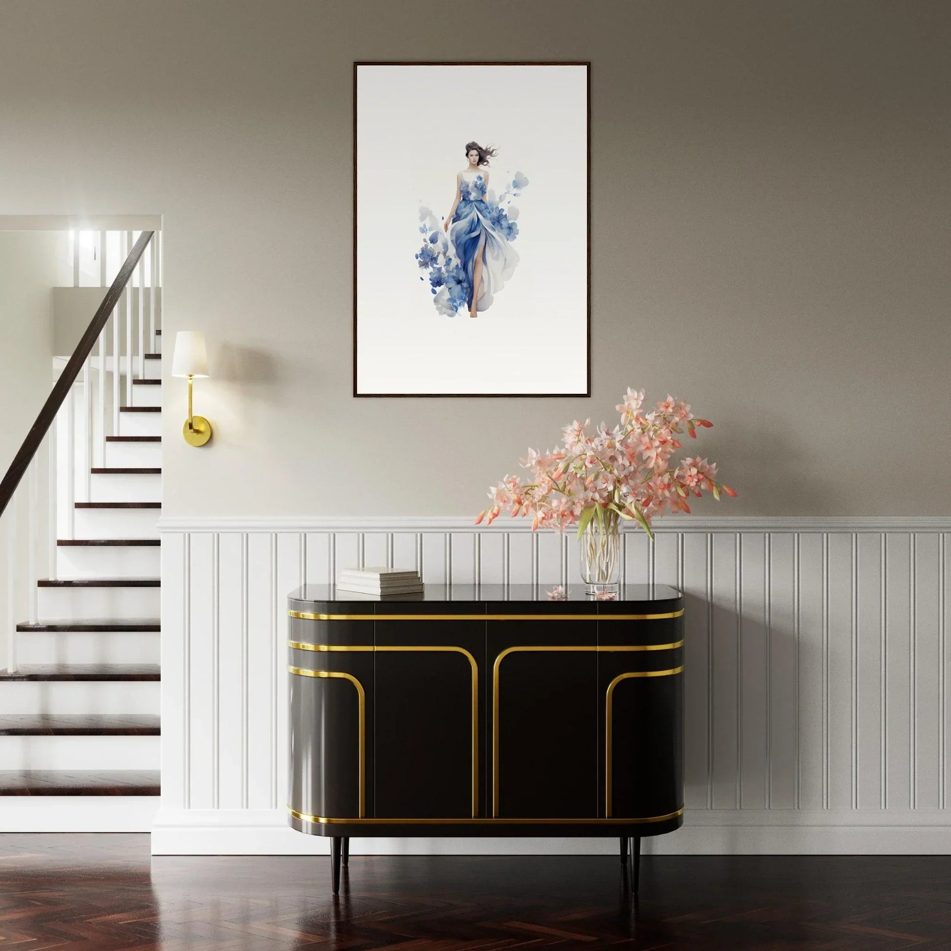 Elegant entryway with black and gold console table, floral arrangement, and Art Symphony canvas print