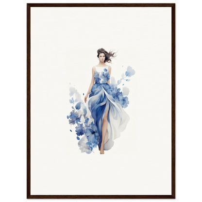 Watercolor painting of a woman in a blue dress, perfect for art symphony room decoration