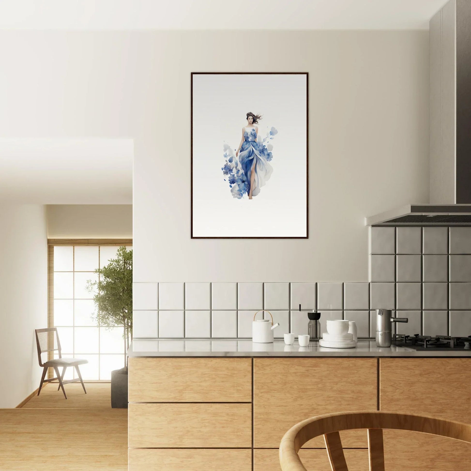 Framed watercolor of a figure in a blue dress, perfect for room decoration or art symphony