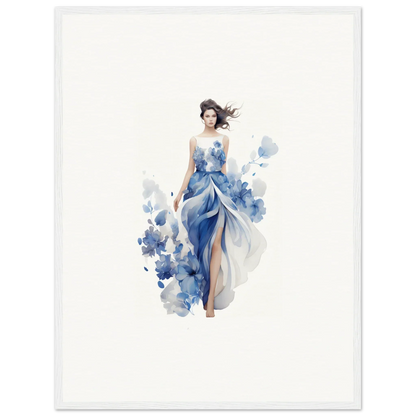 Watercolor painting of a woman in blue dress, perfect for room decoration as a canvas print