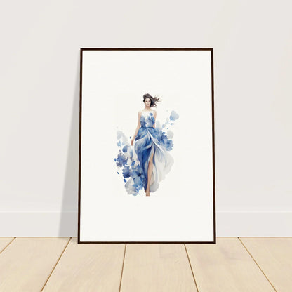 Framed watercolor of a woman in blue dress, perfect for room decoration as art symphony