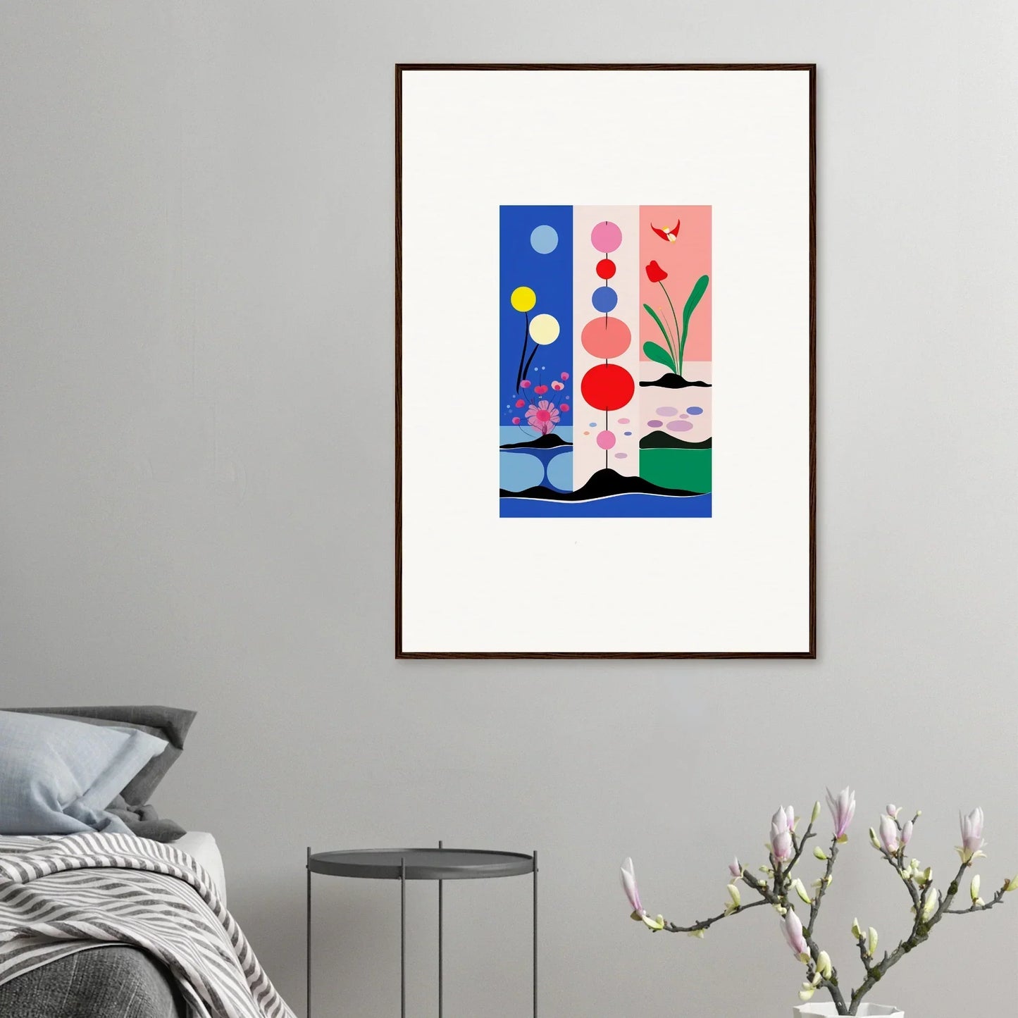 Framed abstract artwork with colorful shapes for room decoration in Bakka SunsetThreads