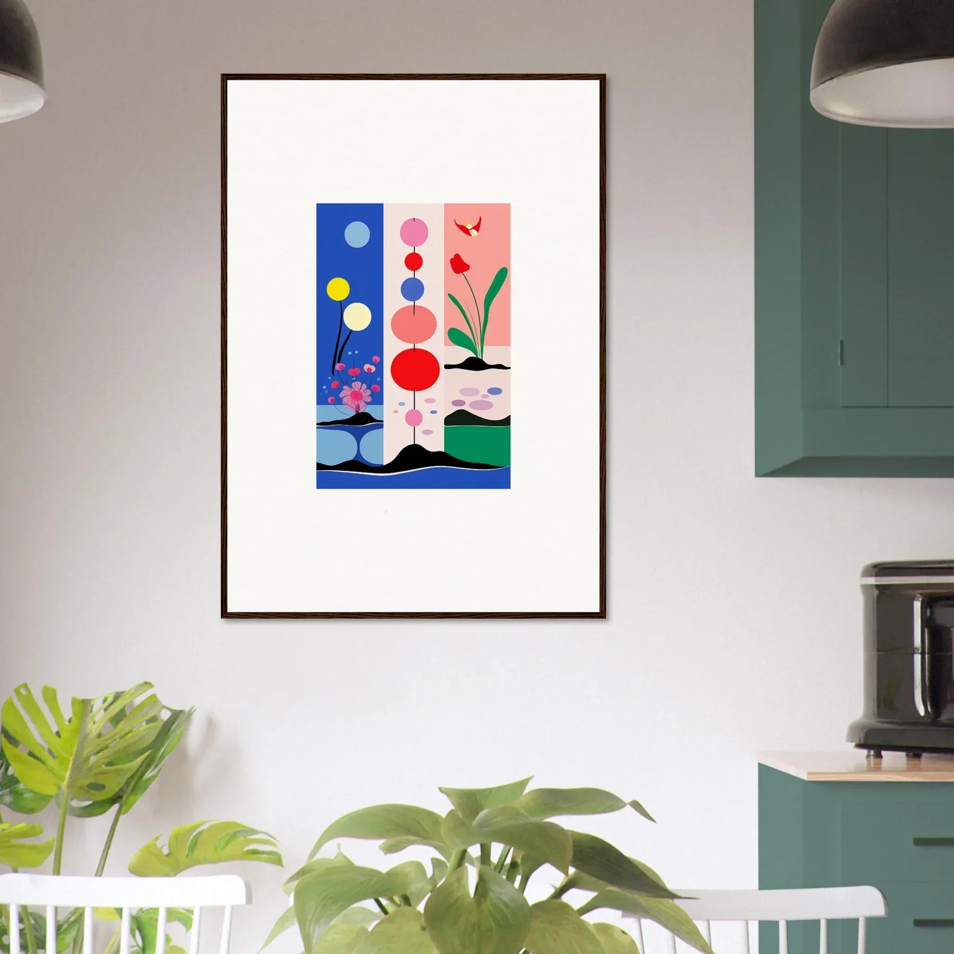 Colorful framed abstract art with geometric shapes for stylish room decoration