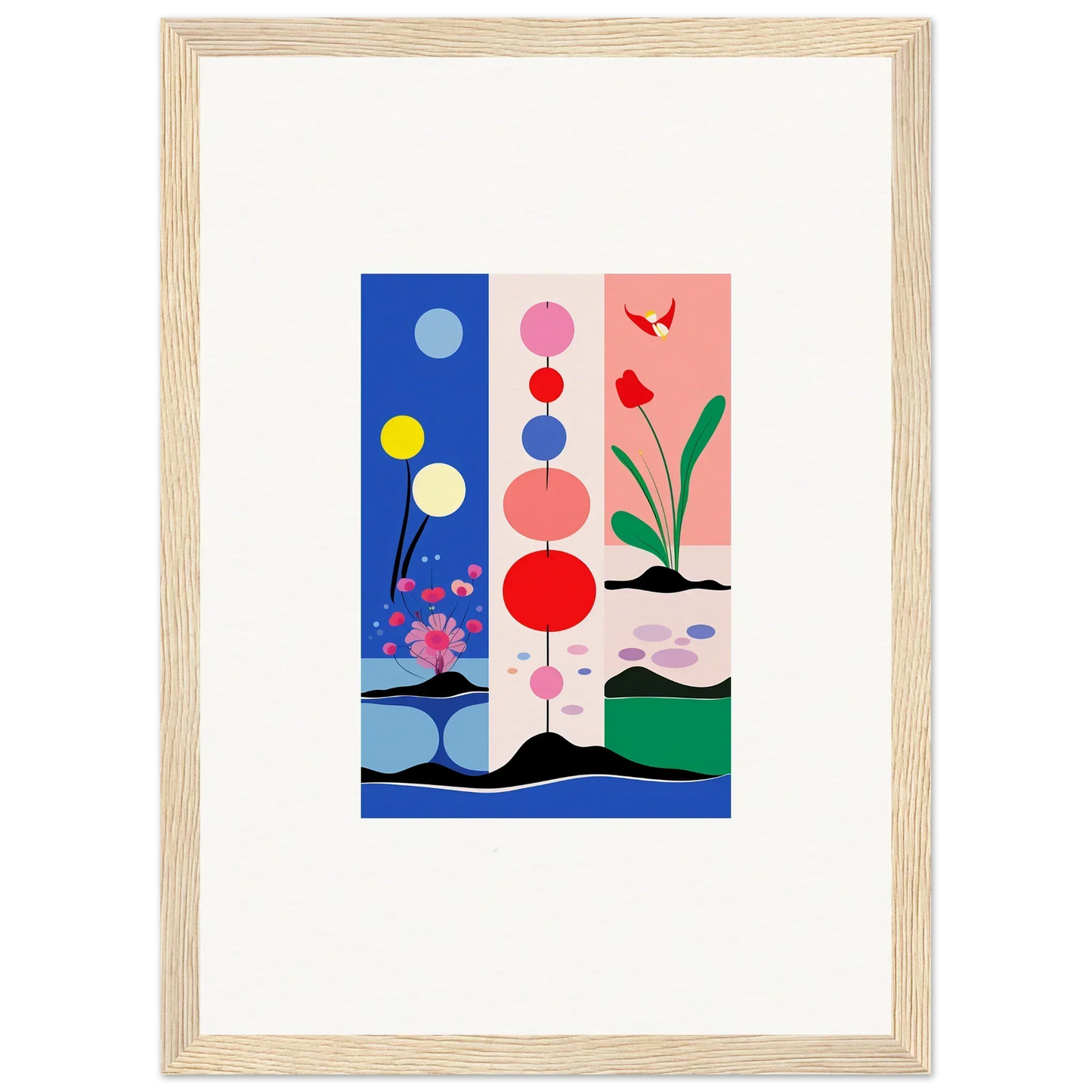 Framed abstract art with colorful shapes for room decoration in Monochrome Perfect style