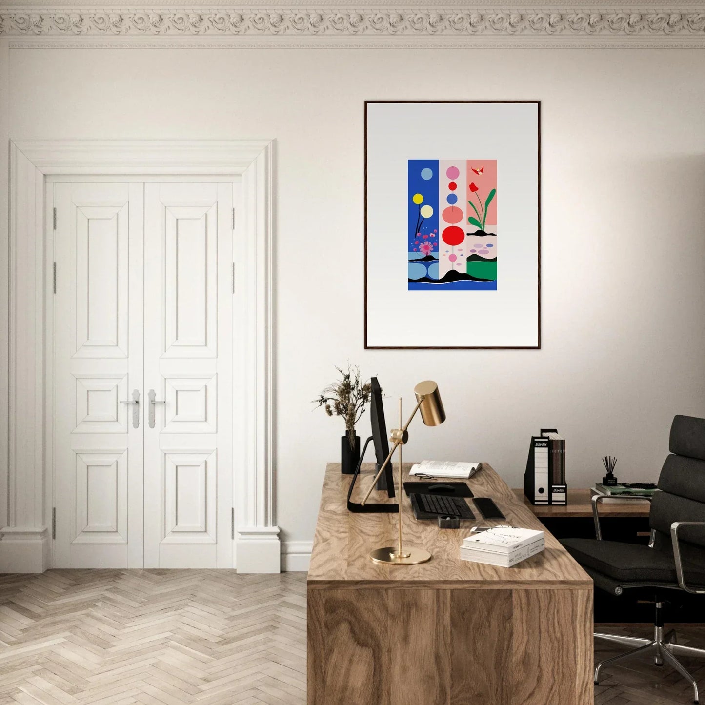 Stylish home office with wooden desk and colorful art, perfect for Monochrome Perfect decor