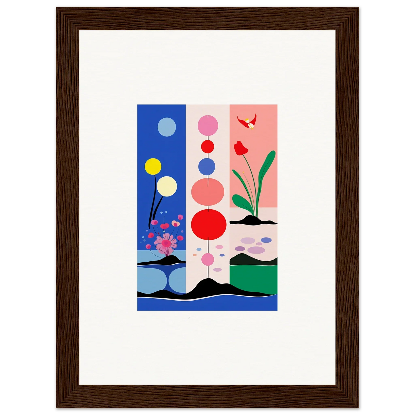 Framed abstract art with colorful shapes for cool room decoration by Bakka SunsetThreads