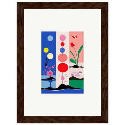 Framed abstract art with colorful shapes for cool room decoration by Bakka SunsetThreads