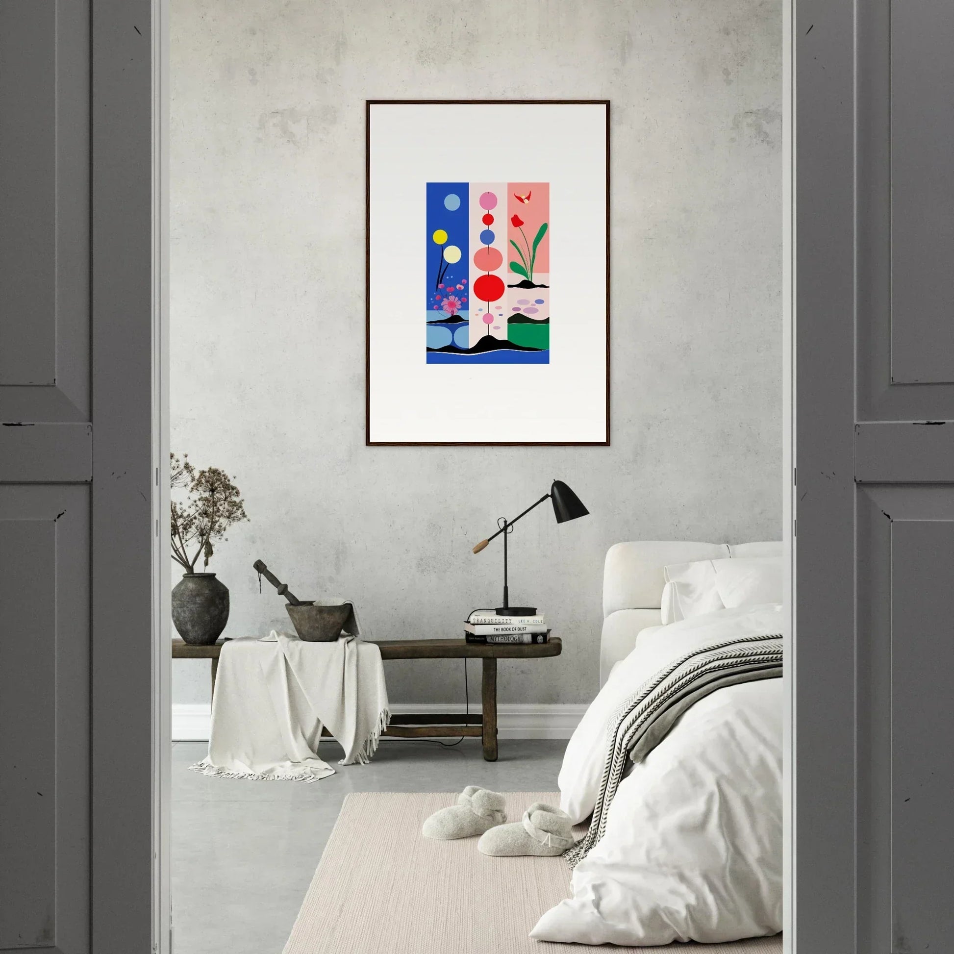 Framed abstract art with colorful shapes and floral elements for room decoration