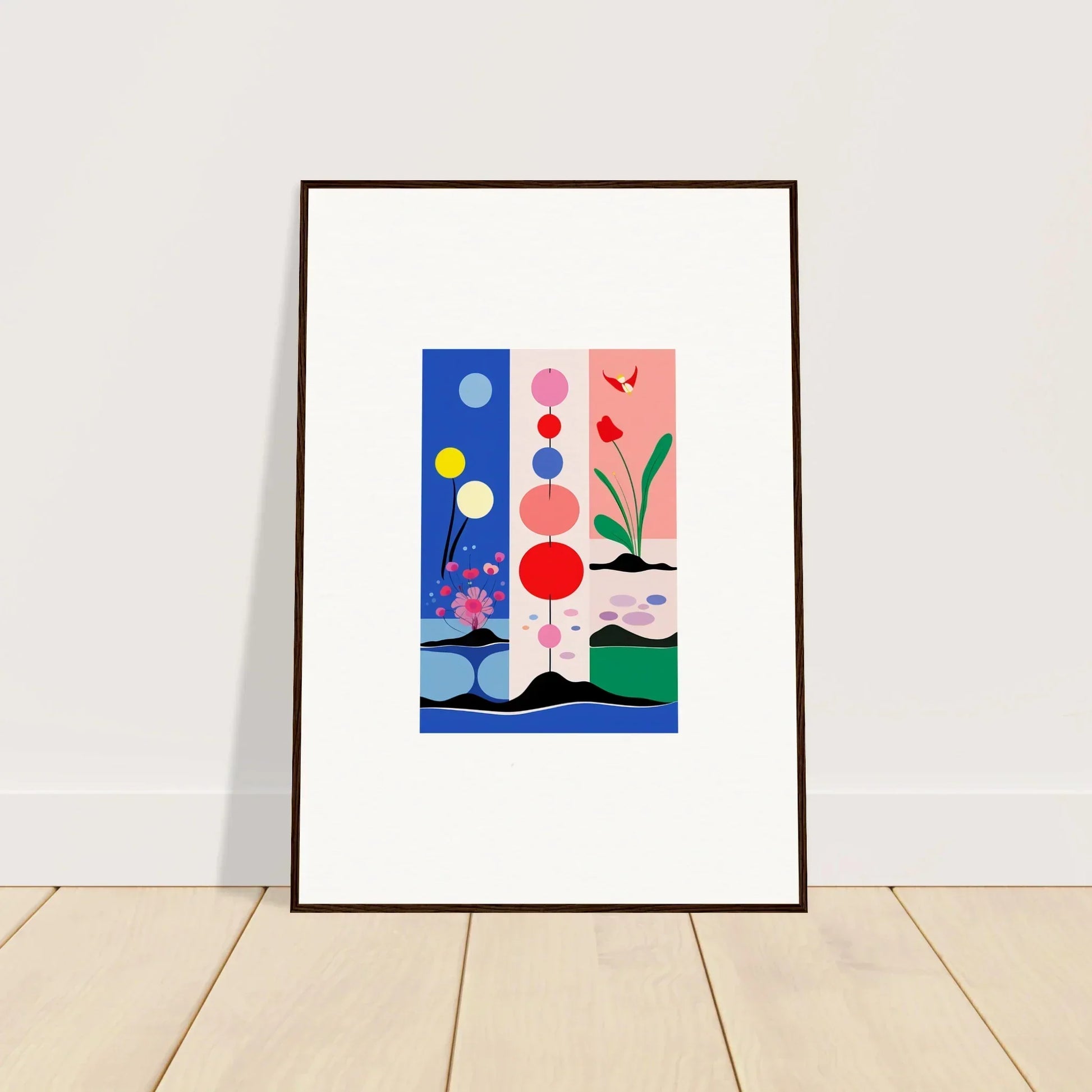 Framed abstract artwork with colorful shapes for a Monochrome Perfect room decoration