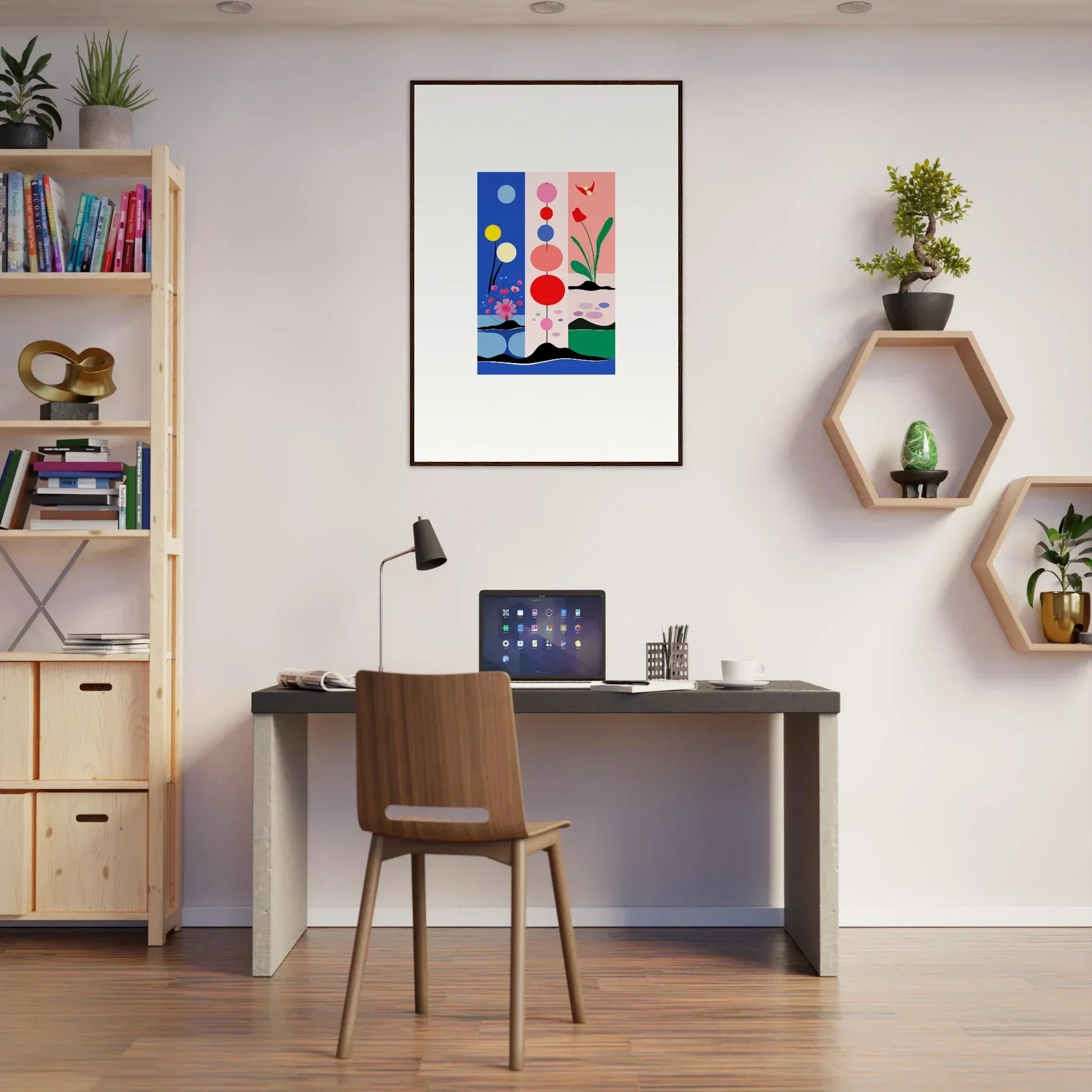 Modern home office with a desk and wall decor, featuring Monochrome Perfect style