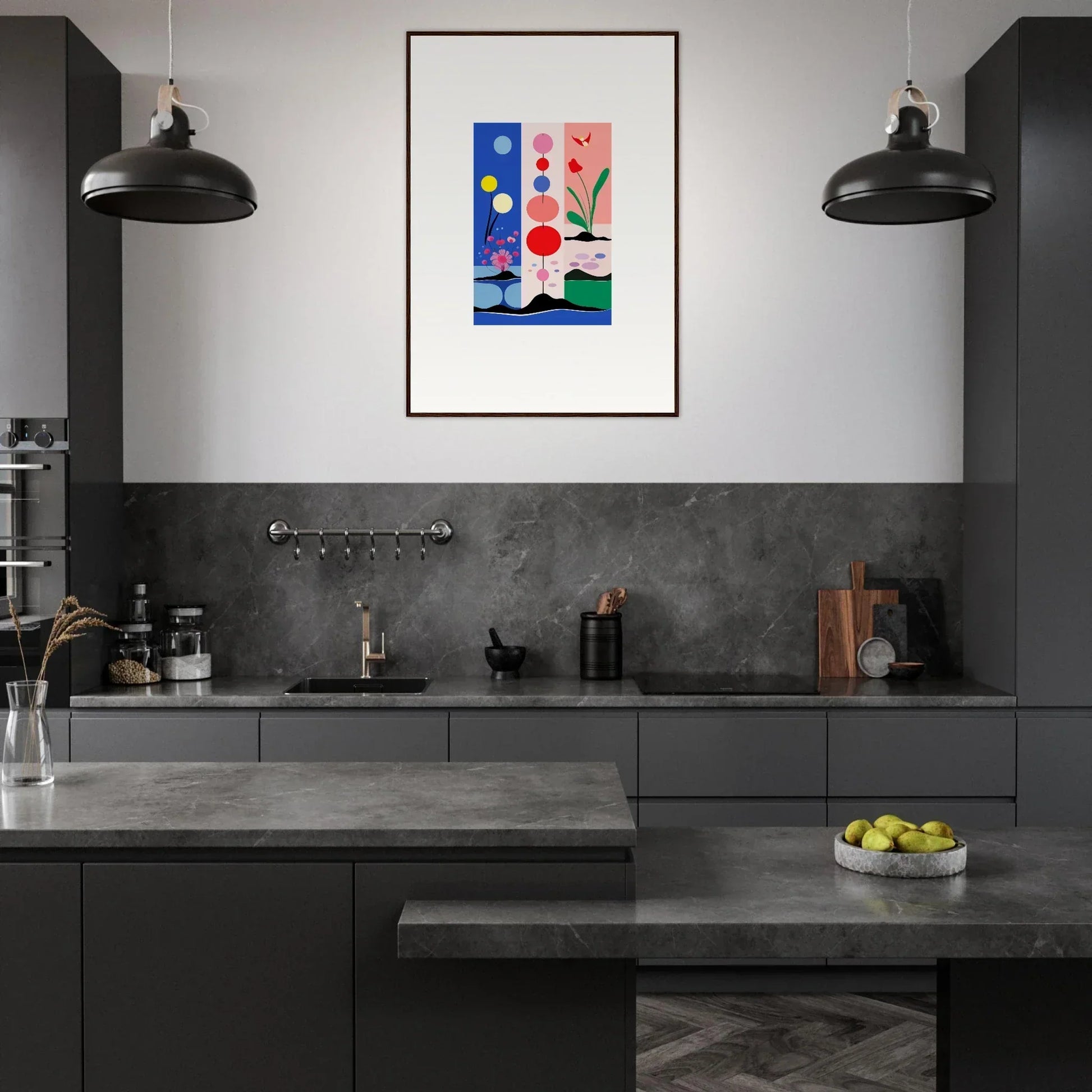 Modern kitchen with dark cabinetry, concrete counters, and Monochrome Perfect room decoration