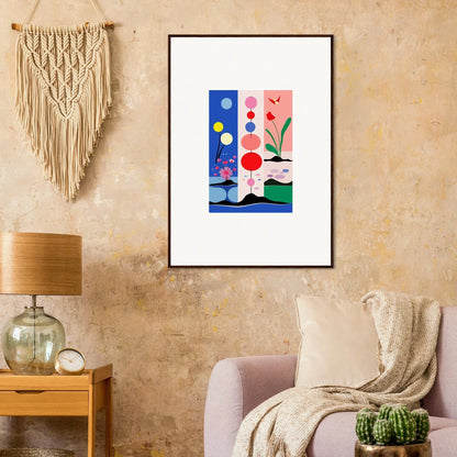 Framed abstract art with colorful shapes for room decoration, perfect for Bakka SunsetThreads