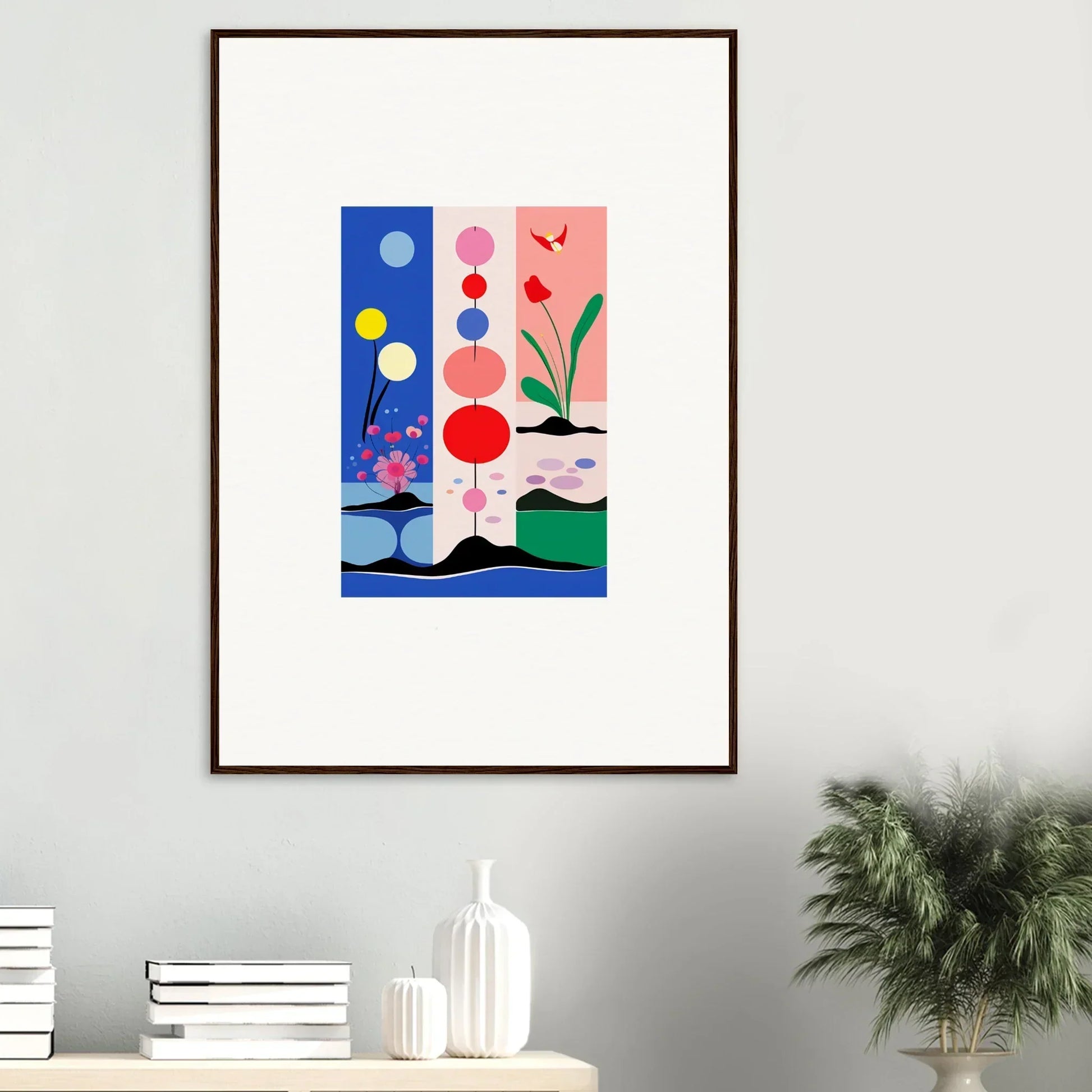 Framed abstract art of colorful geometric shapes for cool room decoration with Bakka SunsetThreads