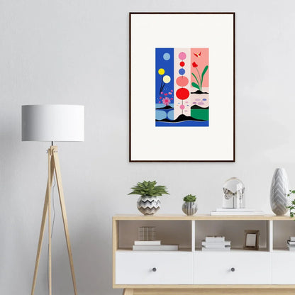 Framed abstract artwork with colorful shapes, perfect for Bakka SunsetThreads room decoration