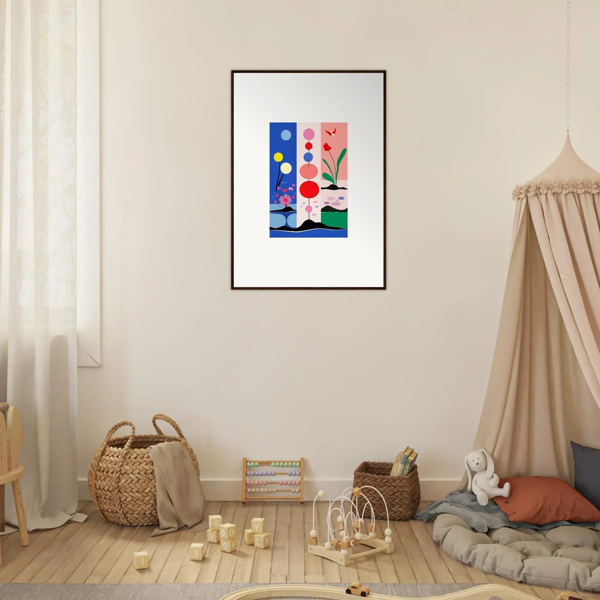 Framed abstract geometric artwork in bright colors for Room Decoration by Bakka SunsetThreads