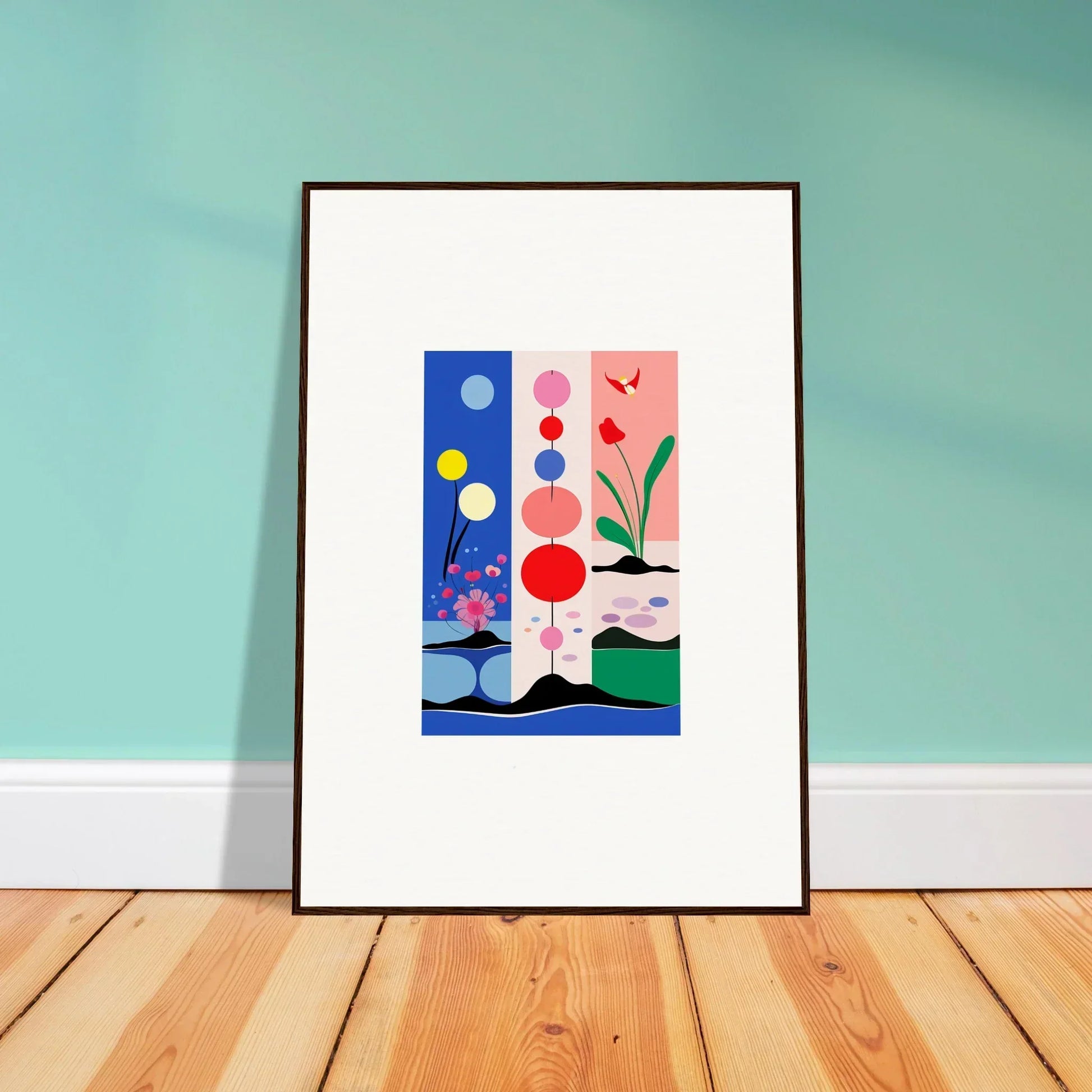 Framed abstract art print with colorful shapes for stylish room decoration