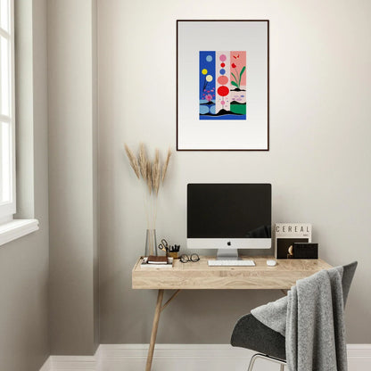 Minimalist home office with wooden desk, computer, and colorful art for room decoration