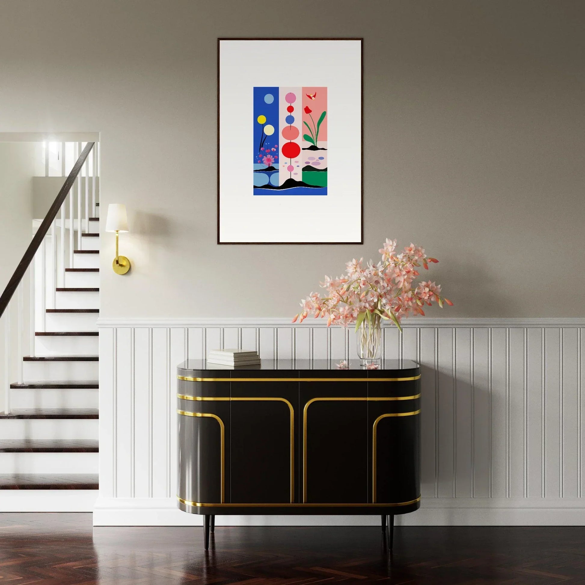 Colorful geometric abstract art with flowers, perfect for Monochrome Perfect room decoration