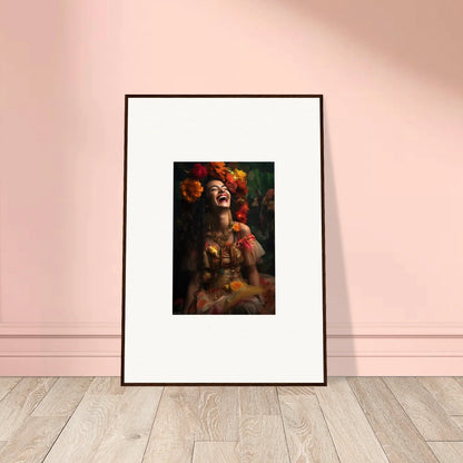 Framed artistic portrait of Lush Dawn Wildfire with vibrant red flowers and dramatic lighting