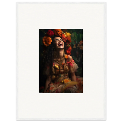 Joyful portrait of Lush Dawn Wildfire with orange flowers and soft tulle in dark style