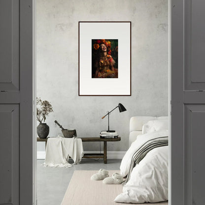 Framed Lush Dawn Wildfire artwork with dark tones on a light gray wall