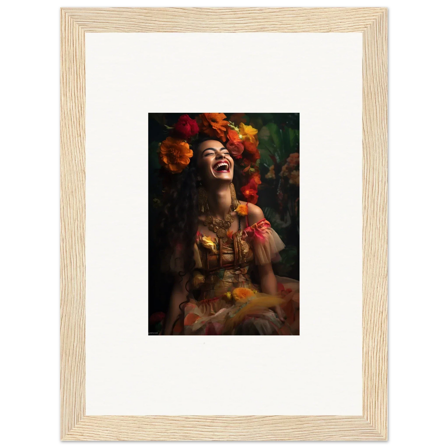 Artistic portrait of joyful laughter with vibrant autumn flowers, Lush Dawn Wildfire