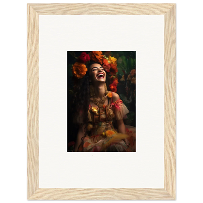 Artistic portrait of joyful laughter with vibrant autumn flowers, Lush Dawn Wildfire