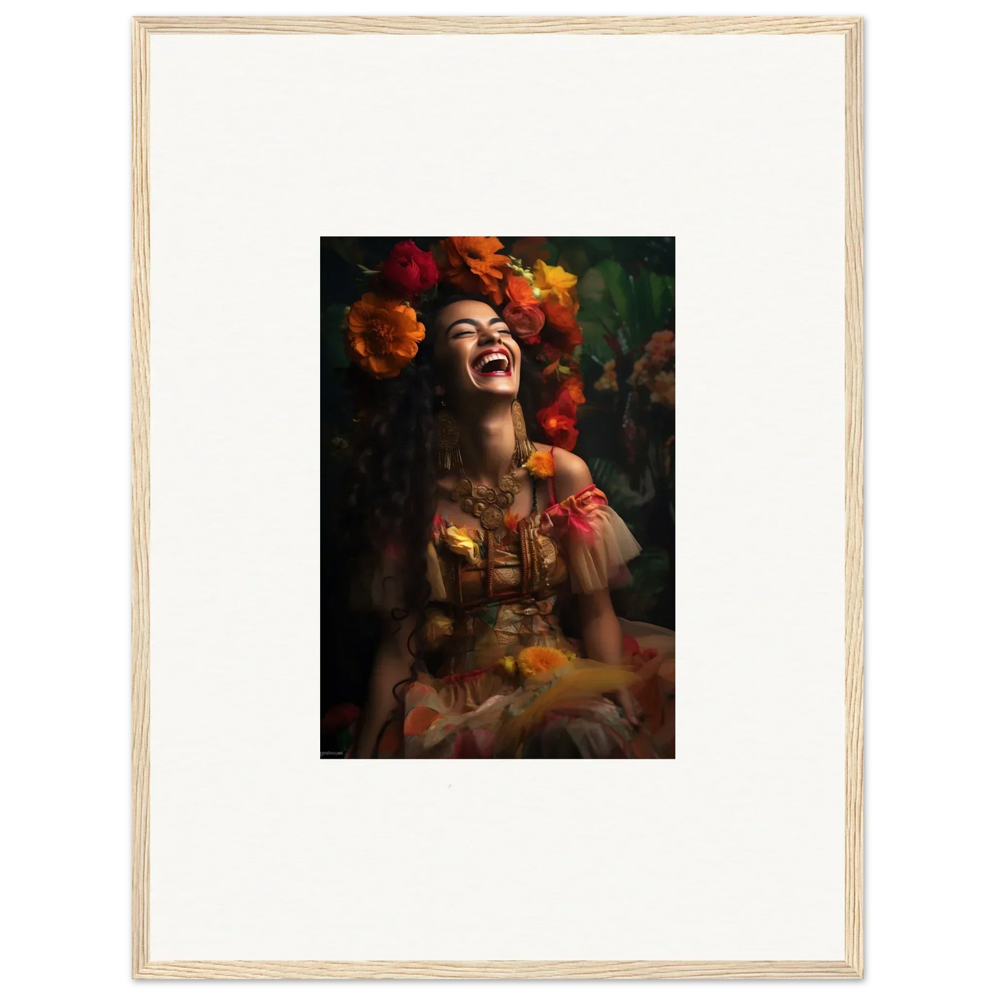 Joyful portrait with vibrant orange flowers capturing Lush Dawn Wildfire essence