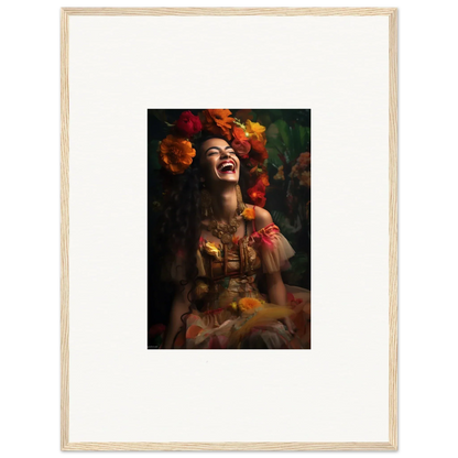 Joyful portrait with vibrant orange flowers capturing Lush Dawn Wildfire essence