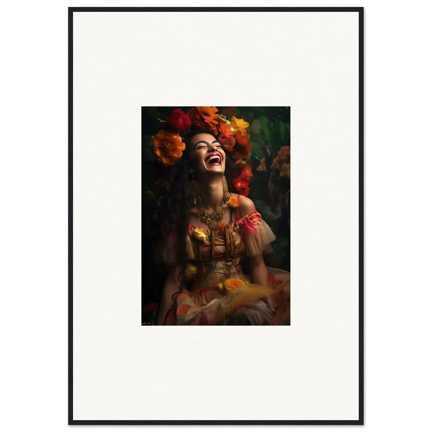 Joyful portrait of Lush Dawn Wildfire with vibrant autumn flowers and laughter