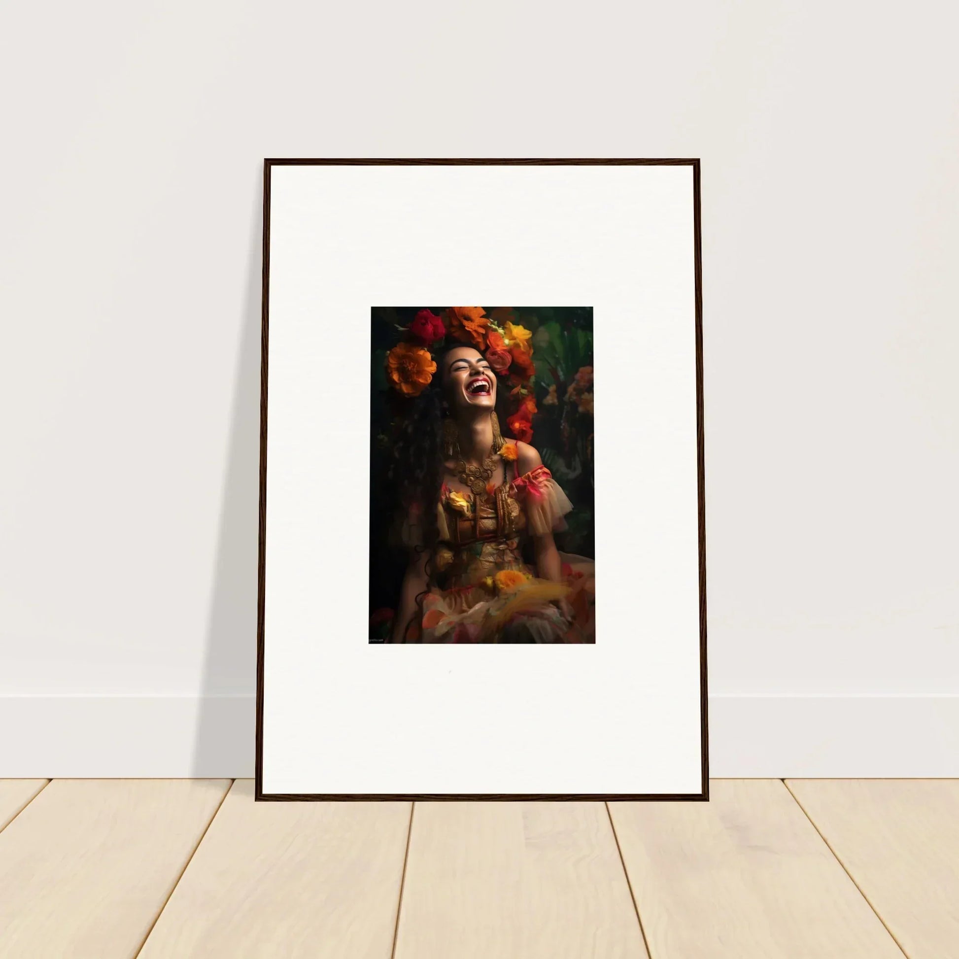 Framed Lush Dawn Wildfire art with dramatic portrait and red flowers in dark tones